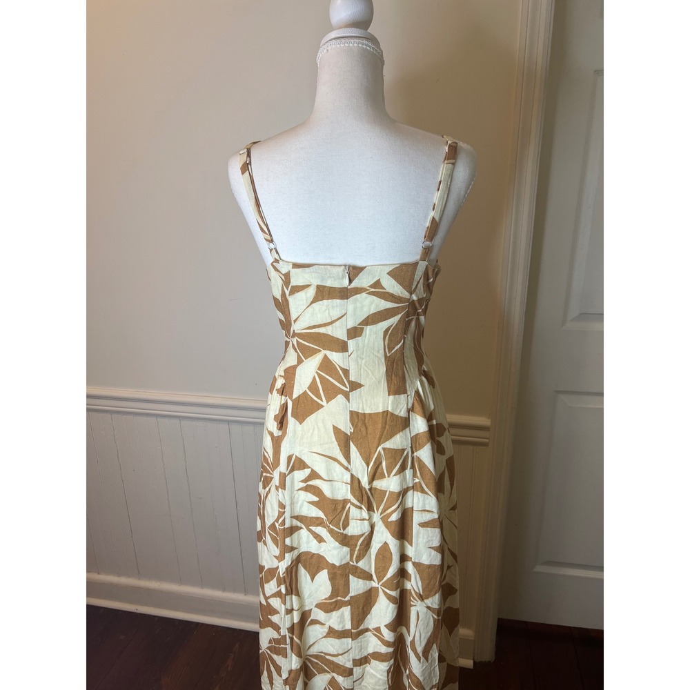 Lulus Tropical Leaf Print Bustier Midi Dress Tan‎ Cream Linen Blend Summer S - Picture 12 of 14